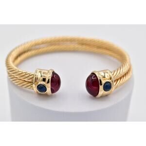 Vintage Cabochon Cable Cuff Bangle Bracelet Blue Red Gold Chunky 1980s Bin7